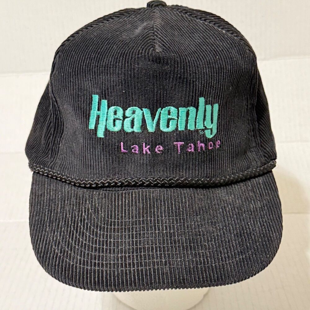Vtg Heavenly Lake Tahoe Hat Black Corduroy Rope Snapback Teal & Purple Letters